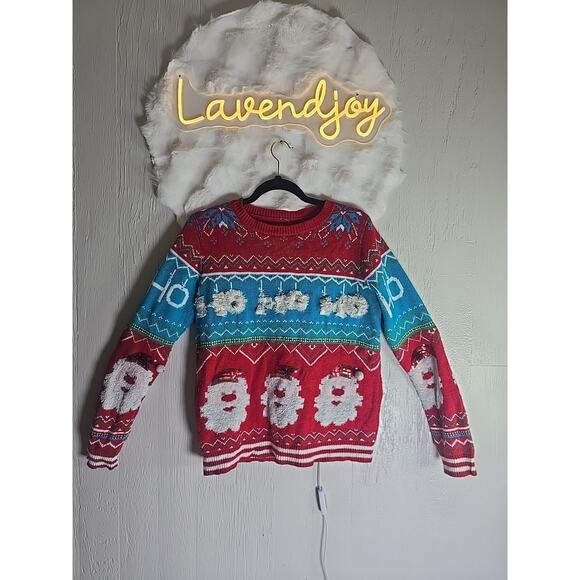 Ugly Christmas Sweater Santa Red Ho Tinsel Sequins Poms Womens Size L 12 / 14 - Picture 1 of 12